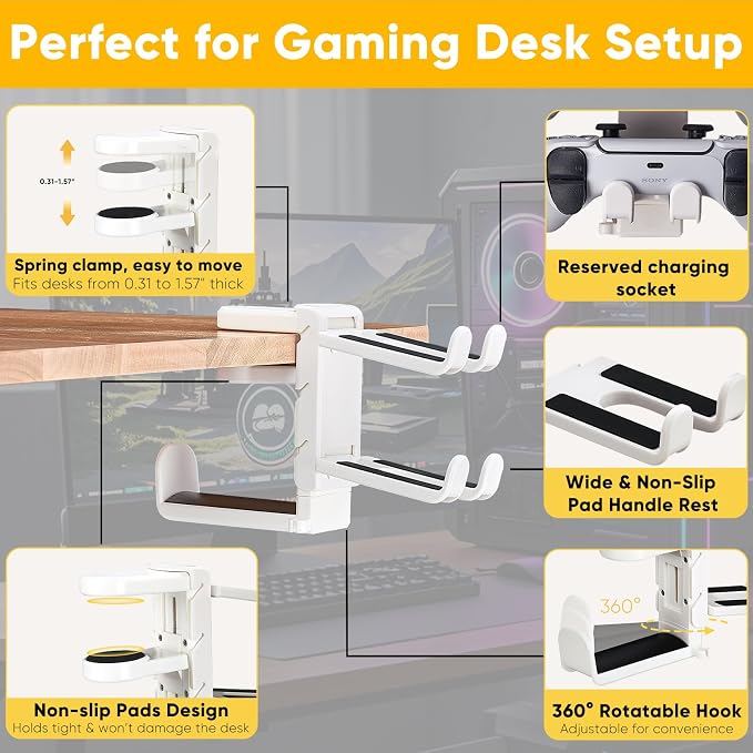 3-in-1 Under Desk Headphone Hanger with Adjustable Clamp Mount, 2 Controller Slots & 1 Headset Universal Holder Stand, Rotatable Hook Rack & Cable Organizer, for Home Gaming Xbox ps5 - White - Image 3