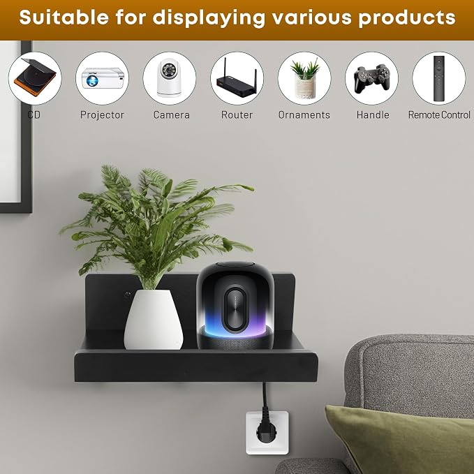 Floating Wall Shelves Set of 2, 12-Inch Solid Wood Shelves with Cable Holes, Small Display Shelf for Router, Webcam, Smart Speaker, Camera – Black - Image 5