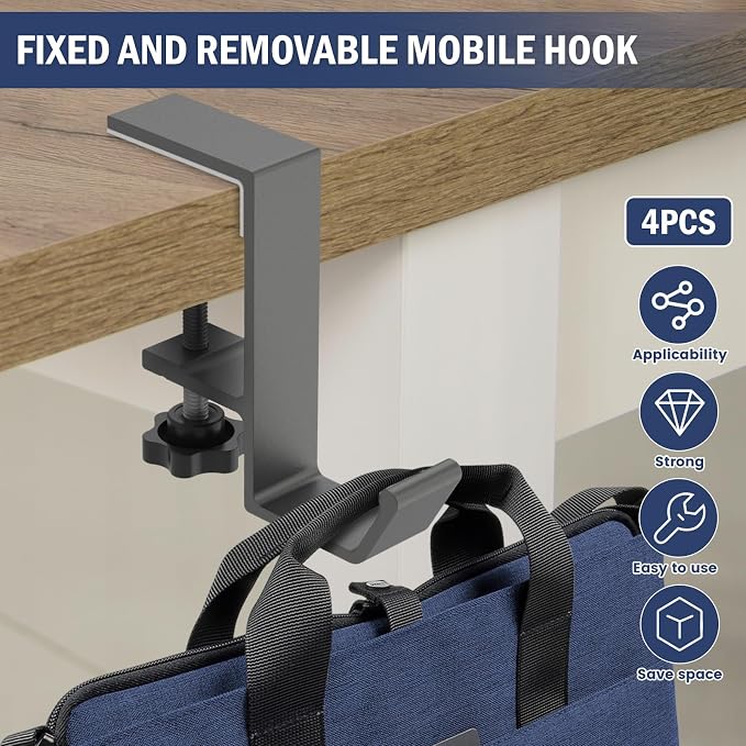 Clamp-On Under Desk Backpack Hanger, Clamp-On Under Desk Headphone Holder, Students' Desk Hook, with Adjustable Arm Clamp for Handbag and Purse Holder (Grey) - Image 5