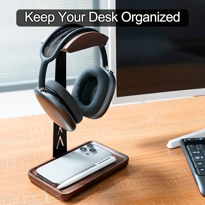 GEVO Headphone Stand, Walnut Wood Headset Stand with Controller Holder, Headphones Holder for Gaming, Office and Desk Compatible with AirPods Max, Bose, Sennheiser, Corsair - Image 2