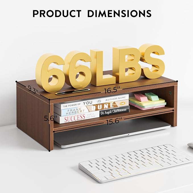BONTEC Wooden Monitor Stand Riser for Desk, 2-Tier Computer Monitor Stand | 66 lbs Desk Shelf Organizer with Storage, Laptop & Printer Stand with Phone Holder and Cable Management, Walnut, 16.5 Inch - Image 5