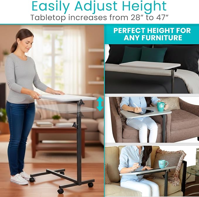 Vive Overbed Hospital Bed Table for Home Use - Adjustable Swivel Wheels - Image 4