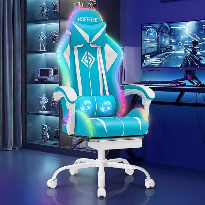 RGB Gaming Chair with LED Lights Massage Ergonomic Computer Chair-Sky Blue | High Back Video Game Chair with Footrest & Adjustable Lumbar Support Gamer Chairs for Adults Racing Style Recline by Vanspace