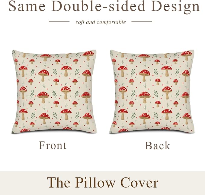 Red Mushroom Throw Pillows Cover 18x18 Set of 2, Decorative Pillow Cases Cute Cushion Covers for Sofa Couch Bedroom Mushroom Living Room Decor - Image 4