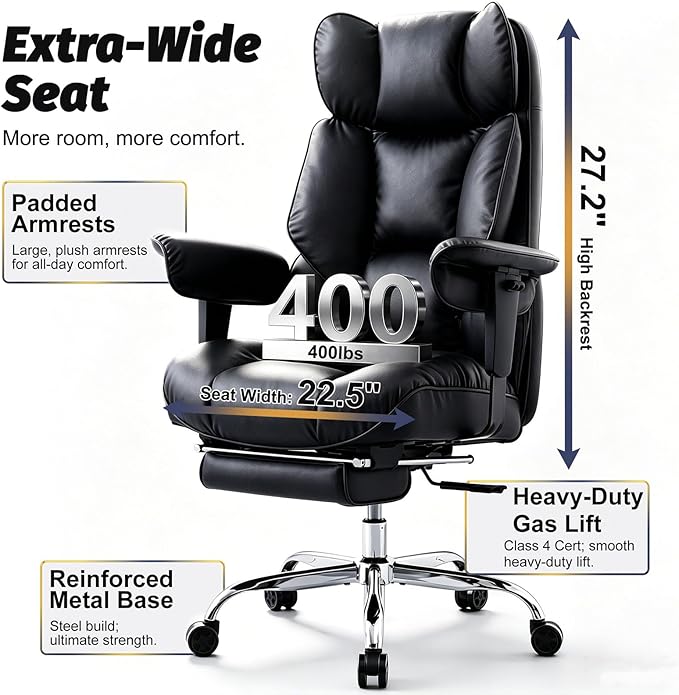 Efomao Executive Office Chair 400lbs, Black Big and Tall Desk Chair | Mattress-grade pocket spring cushion, sleek leather, 135° recline & footrest for computer gaming setup. - Image 5