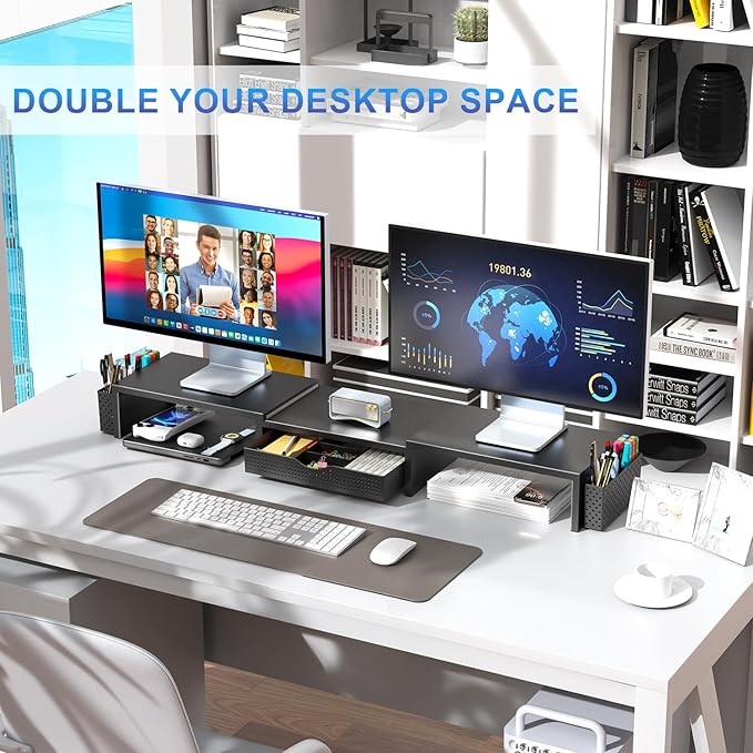 gianotter Dual Monitor Stand Riser With Drawer and 2 Pen Holders | Desk Organizer and Accessories Computer Monitor Stand, Desk Shelf for Top of Desk (Black) - Image 3