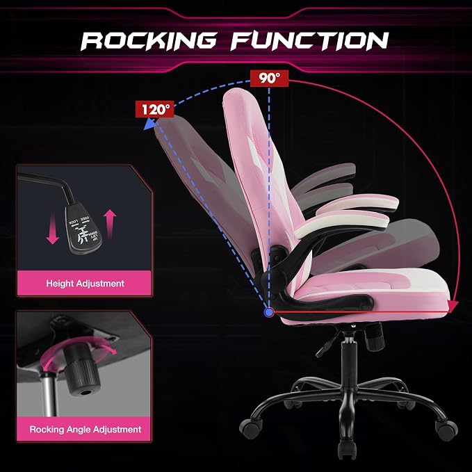 Sweetcrispy Computer Desk Chair, Lumbar Support Video Game Chair PU Leather | Ergonomic Comfy, PU Leather, Flip-up Armrest, Height Adjustable, 360 Swivel, White Pink - Image 4