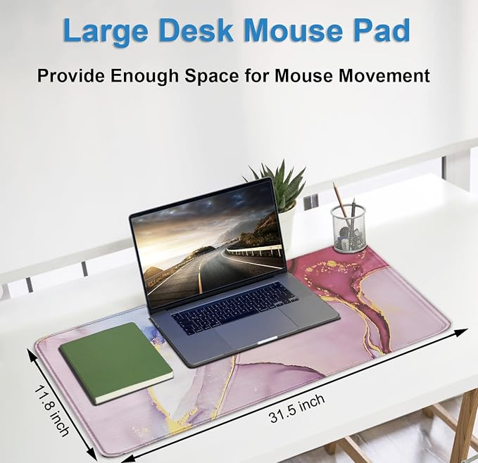 Extra Large Mouse Pad 31.5 x 11.8 in, Gaming Mousepad with Stitched Edges, Premium Microfiber Cloth Surface, Waterproof Non-Slip Base Keyboard Desk Mat for Home Office Gaming, Marble Pink - Image 5