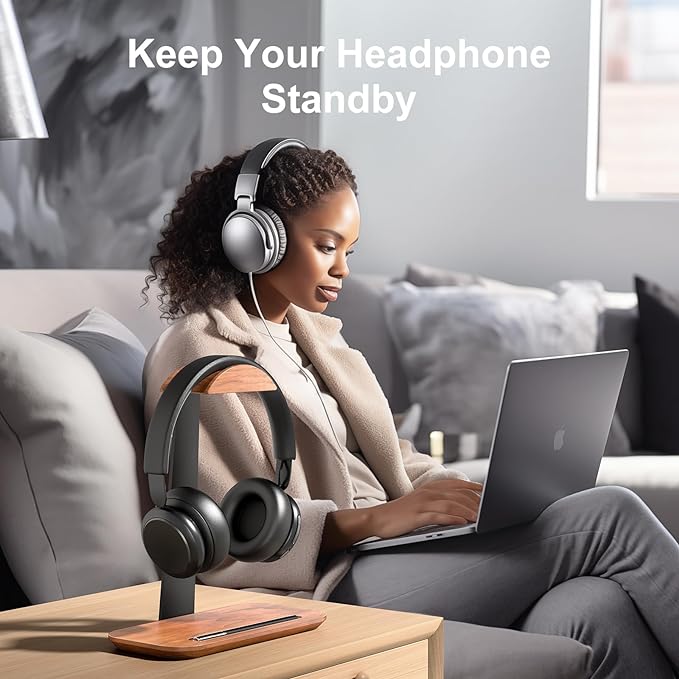 UPERGO Walnut Headphone Stand, Wood Headset Holder with Storage for Desk | Solid Walnut & Aluminum, Anti-Slip Base, Universal for Gaming Headsets & AirPods Max, Extra Storage Tray - Image 4