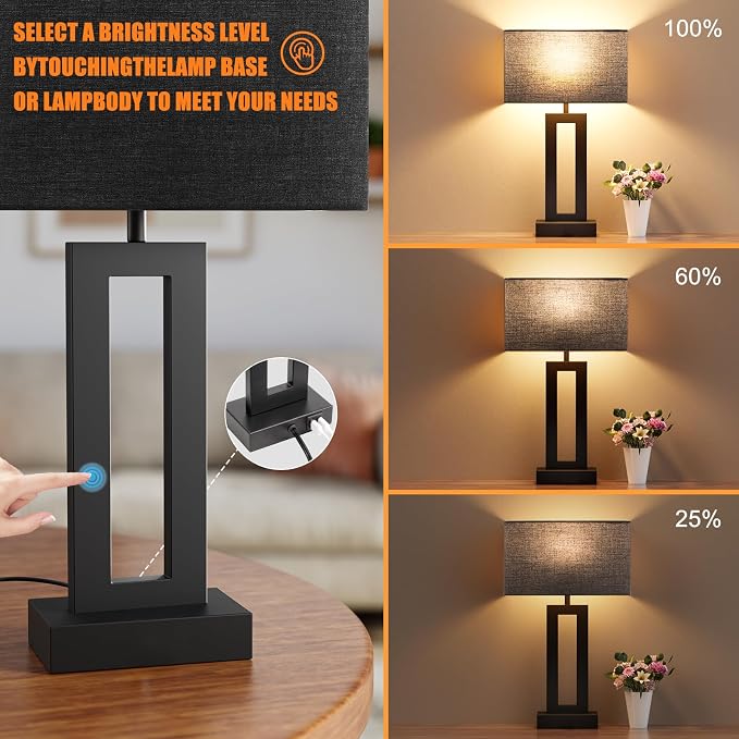 Seealle Nightstand Table Lamps for Bedrooms Set of 2 - Touch Bedside Lamp with USB C+A, 3 Way Dimmable Living Room End Tables 2, Modern Night Stand Bed Side Guest Room(Black) E. Black - Image 2