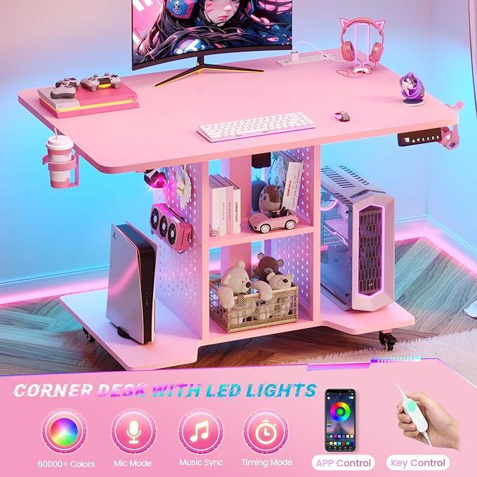 SEDETA Small Standing Gaming Desk, 31.5" Rolling Computer PC Desk Electric Height Adjustable with Power Outlet, Pegboard & Storage Shelves, LED Light, for Small Spaces/Bedroom/Gaming/Girl Room, Pink - Image 5