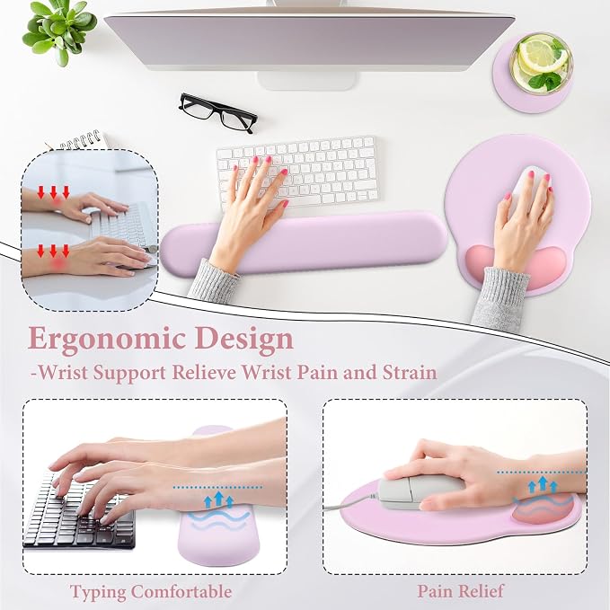 3 in 1 Ergonomic Mouse Pad and Keyboard Wrist Rest with Coaster Set-Pink - Image 2