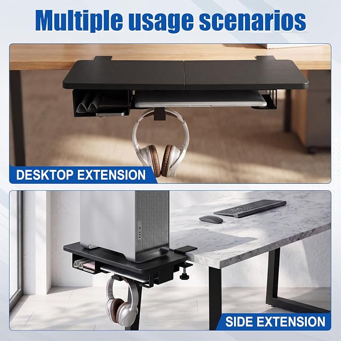 Novabright 24" x 12" Desk Extender Tray with Side Storage Rack Heavy Duty Desk Extender Under Desks Laptop Mount Keyboard Extenders for Desks with a Concealed Storage Area for Cable & Earphone (Black) - Image 4
