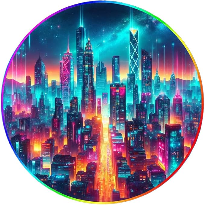Gaming Chair Mat for Hardwood Floor Circle RGB Gaming Lights (Future City 47”) - Noise Cancelling, Anti-Slip Gamer Floor Mat – Scratch Resistant Computer Gaming Mat for Chair by DEALZOOM