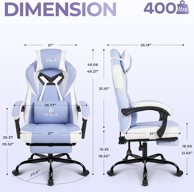 N-GEN GAMING Big & Tall Gaming Chair with Footrest, Lumbar Support, Purple | Ergonomic High-Back Chair for Adults, Padded Wide Seat with Heavy-Duty Base, Reclining Comfort for Computer, Office/Home Use - Image 3