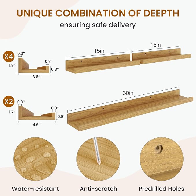 Picture Ledge Shelf, Floating Shelves for Wall Decor, Oak, Set of 6, 30'' - Image 3