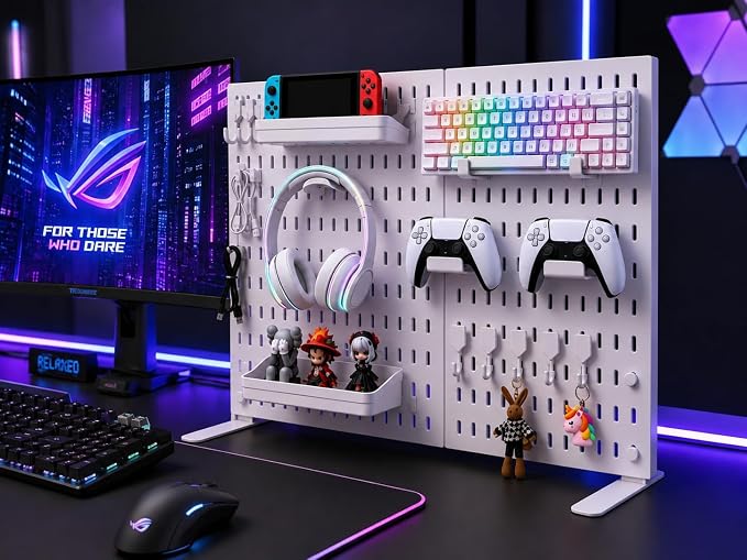 Gaming Desk Organizer, No-Drill Freestanding Desk Pegboard with Headphone Stand, Controller Holder, Keyboard Stand & Shelves, 5-in-1 Gaming Setup Accessories for Dorm Room & Home Office, White - Image 3