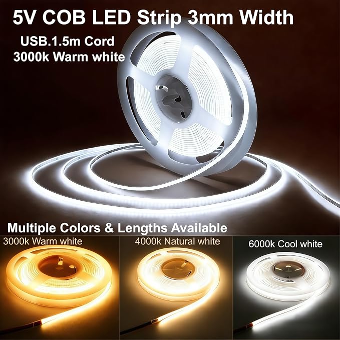 Ultra-Narrow 3mm USB-C COB LED Strip Lights Self-Adhesive, for Kitchen Cabinets, Bedroom, Gaming Desk (6000k Cool White, 4ft) - Image 5