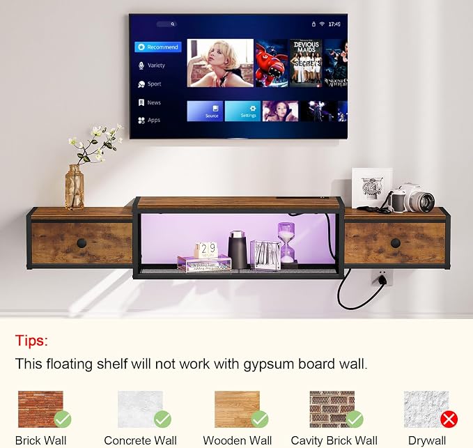 Snughome 63" Floating TV Stand with Power Outlets, Wall Mounted Entertainment Center with LED Lights, Floating TV Shelf with Drawer, Media Console Shelf for Living Room,for Under TV Storage, Bedroom - Image 8