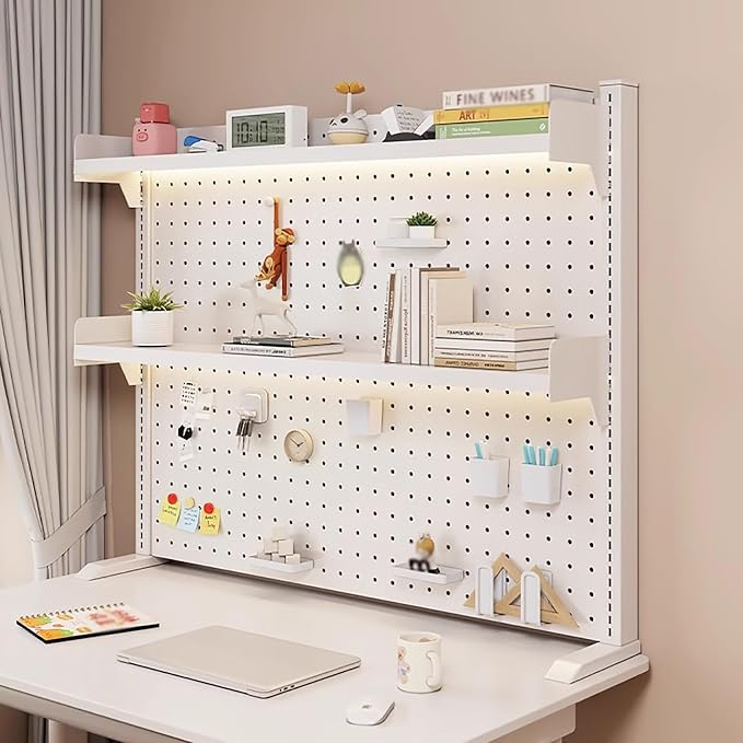 Standing Pegboard Peg Board Display Stand Gaming Desk Organizer, Desktop Organizer Shelf, Desk Hutch with Pegboard Hook, for Office Home Bedroom Dormitory(White,80 * 95cm) by Unknown