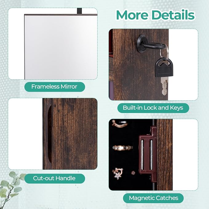 LDAILY 47” LED Jewelry Armoire, Door/Wall Mounted Mirror with Storage, 4 Shelves & Drawers, Full Length Mirror & Flip-up Makeup Tray, Lockable Jewelry Organizer Cabinet for Women & Girls(Rustic Brown) - Image 6