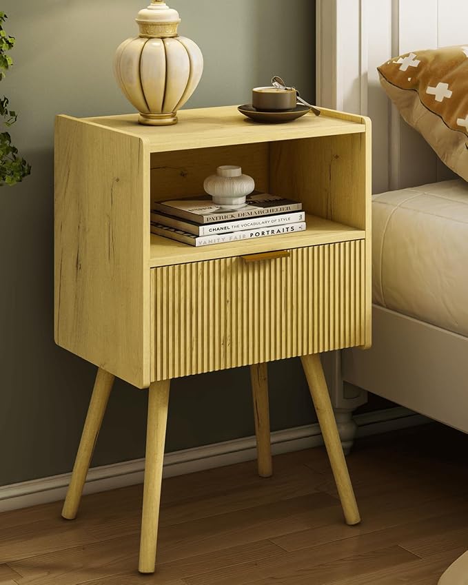 JOONEE Nightstand,Modern Bedside Table with Storage Drawer and Open Wood Shelf, for Living Room, Bedroom and Small Spaces, Accent Night Stand with Solid Wood Legs, Easy Assembly,Vintage Yellow Oak by JOONEE