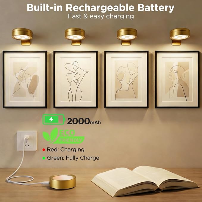4-Pack Picture Lights for Wall, Rechargeable Cordless Poster Lights, Gold - Image 4