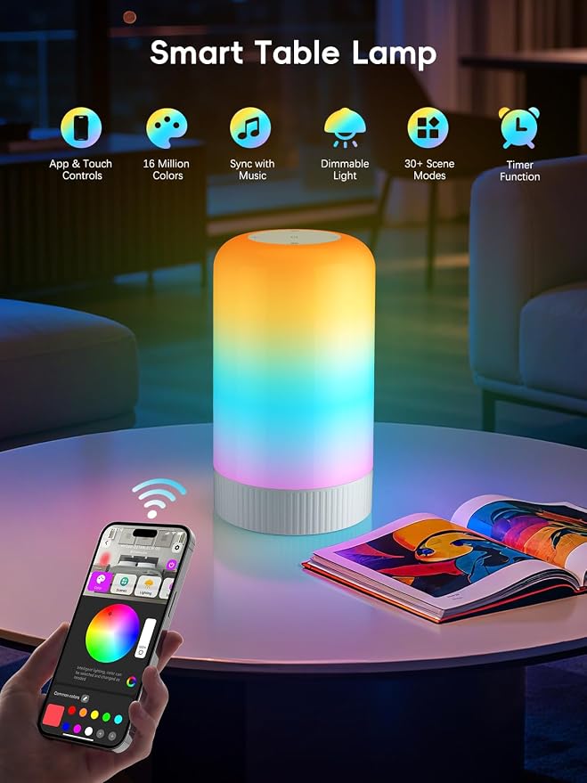 RGBICWW Smart Table Lamp, Touch Bedside Lamp LED Desk Lamp with App Control - Image 2