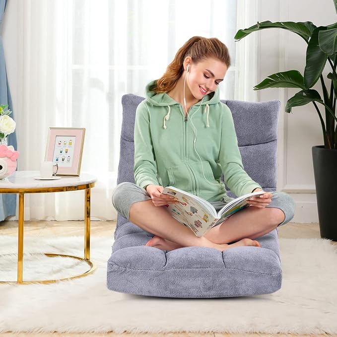 GIANTEX Floor Chairs for Adults, Floor Gaming Chair w/Back Support (Grey) | Coral Velvet, 14 Adjustable Position, Thick Sponge Padding, Floor Seating Lounge for Reading, Watching TV, Meditation - Image 8