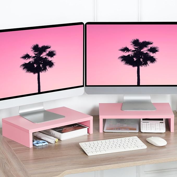 TEAMIX Pink Monitor Stand Riser - 2 PackS, Wood | Dual Stand for 2 monitors. Holds 80 lbs, Stack or Separate Adjustable Use, Fits laptop, TV, PC. For Home Office, Gaming - Image 2