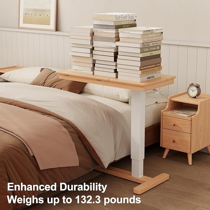 Muwuele Solid Wood Overbed Bedside Table with Wheels, Adjustable Medical Tilt Top Hospital Bed Table Over The Bed, Rolling Laptop Desk, Mobile Standing Desk for Hospital and Home Use (Natural) - Image 9