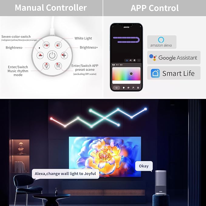 Smart WiFi Wall Light, DIY Geometry Splicing Gaming Lights Compatible with Alexa and Google Assistant, Music Sync & Voice Control, LED Wall Lights for Home Decor & Game Room, Bedroom (9 Lines, White) - Image 5