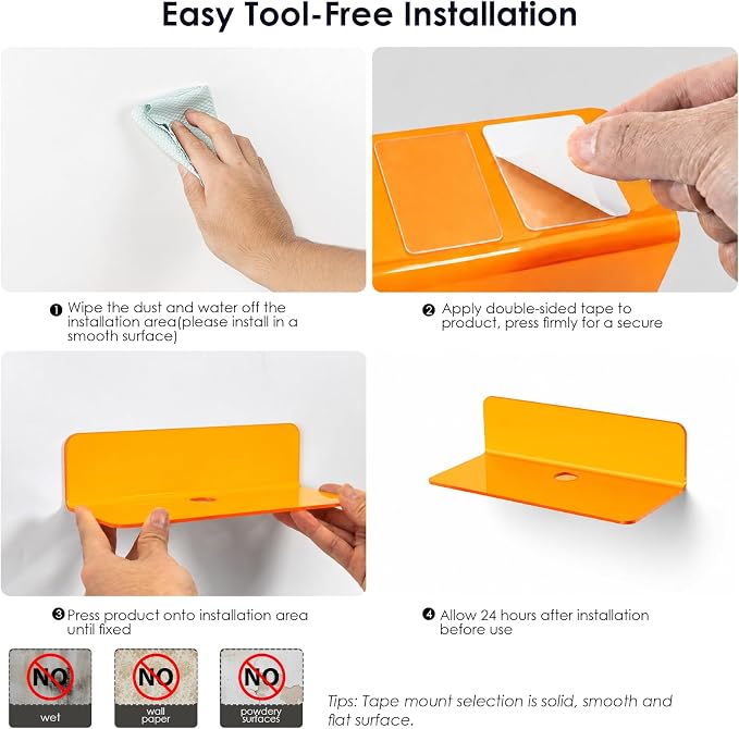 OAPRIRE Small Acrylic Floating Wall Shelves Set of 2, Flexible Use of Wall Space, 9 Inch Adhesive Display Shelf for Security Cameras/Smart Speaker/Action Figures, with Cable Clips - Clear Orange - Image 8