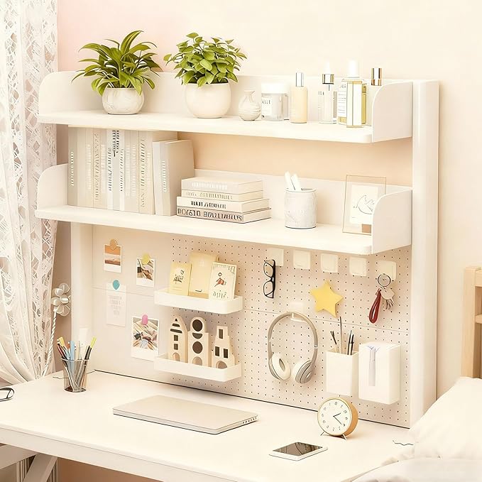 Clamp-on Desk Shelf Organizer with Pegboard,Black Desktop Bookshelf,Metal Dorm Desk Hutch,Multi-Purpose Countertop Storage Shelves for Home Office Dorm Gaming Desk(W - 31.5", White) by Unknown