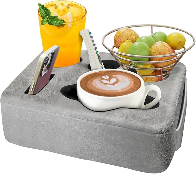 Couch Bed Cup Holder Pillow, Nisdoing 5 Hole Couch Drink Holder! Keep Drinks Hand Side and KeepTemp, Prevent Spills and Use Anywhere. Cup Holder for Couch, Bed,Camping,RV,Car,Beach. Gray by NISDOING