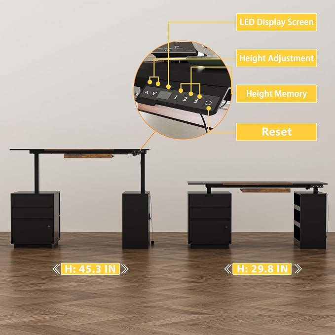 63" Electric Standing Desk with Lockable Drawer, Pegboard and Keyboard Tray, Height Adjustable Stand up Desk with File Cabinet & Shelves, Home Office Computer Gaming Table, Black - Image 5