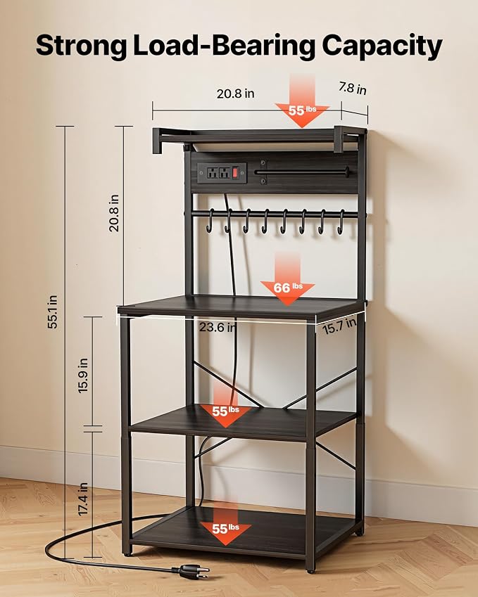 VEVOR Kitchen Bakers Rack with Power Outlets, 23.6 x 15.7 x 55.1 Inch Microwave Stand with Built-in Power Strip & 4.6 Ft Cord, 8 S-Shaped Hooks, for Dish Storage, Spice Jars, Coffee Bar Organization - Image 3