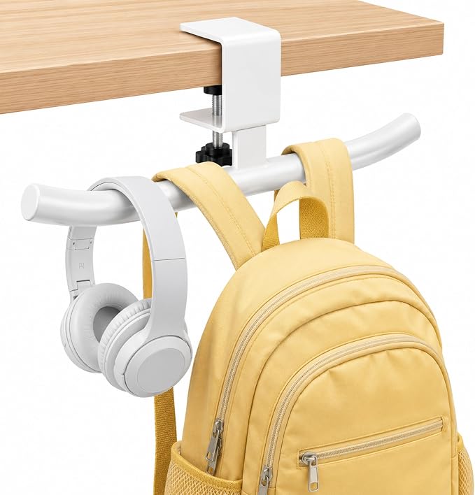 Geelin Bag Hook for Desk Table Heavy-Duty Backpack Hanger Clamp On Purse Holder Adjustable Under Desk Bag Hook for Headphones Handbag Hanger for Classroom Dorm Back to School (White) by Geelin
