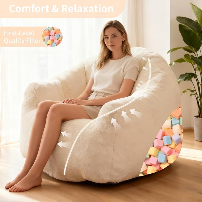 Giant Shell Bean Bag Chair for Adults, Faux Fur Shell-Shaped Floor Sofa with High-Density Memory Foam, Comfy Aesthetic Lounge Chair for Bedroom, Living Room, Gaming and Reading (Beige) - Image 3