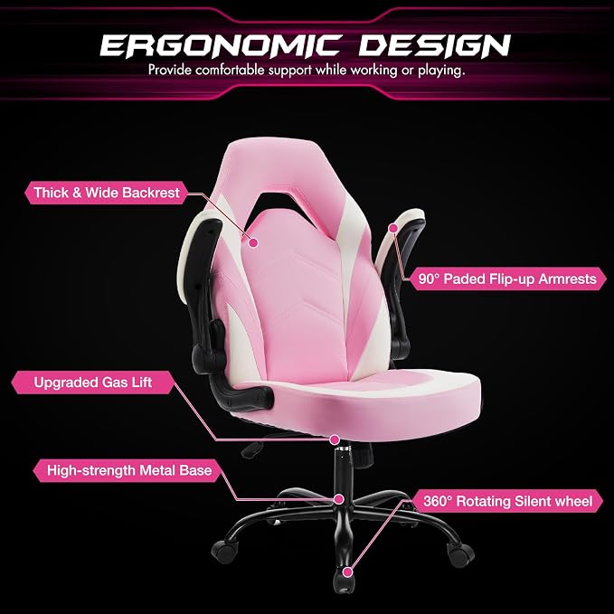 Sweetcrispy Computer Desk Chair, Lumbar Support Video Game Chair PU Leather | Ergonomic Comfy, PU Leather, Flip-up Armrest, Height Adjustable, 360 Swivel, White Pink - Image 6