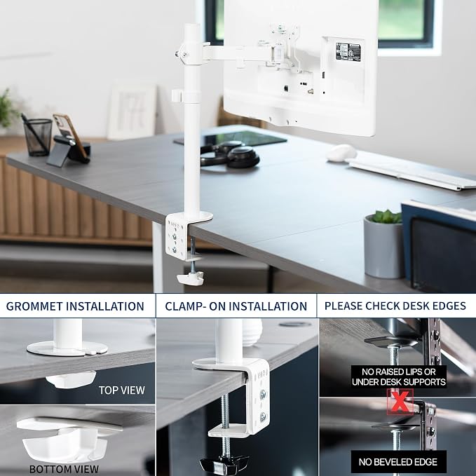VIVO Single Monitor Arm Desk Mount, Holds Screens up to 32 inch Regular and 38 inch Ultrawide, Fully Adjustable Stand with C-Clamp and Grommet Base, VESA 75x75mm or 100x100mm, White, STAND-V001W - Image 5