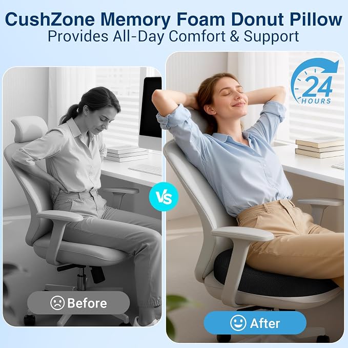 Donut Pillow Seat Cushion, Office Chair Cushion, Black, Large | Ergonomic Design, Breathable Cover, for Tailbone Pain, Hemorrhoids & Long Sitting Hours, for Home & Office - Image 3