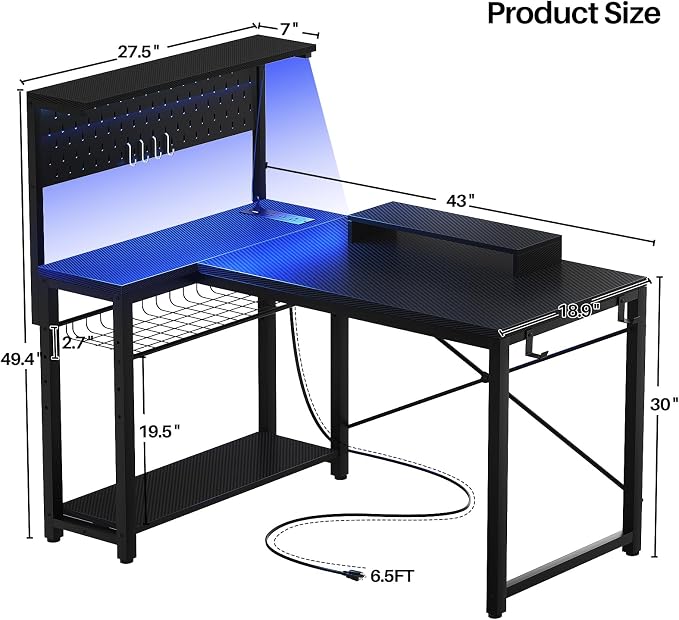 Homieasy Small Gaming Desk with Power Outlets Pegboard LED Light, 43 Inch L Shaped Computer Desk with Monitor Stand Storage Shelves, Reversible Corner Desk with Headset Hooks, Carbon Fiber Black - Image 3