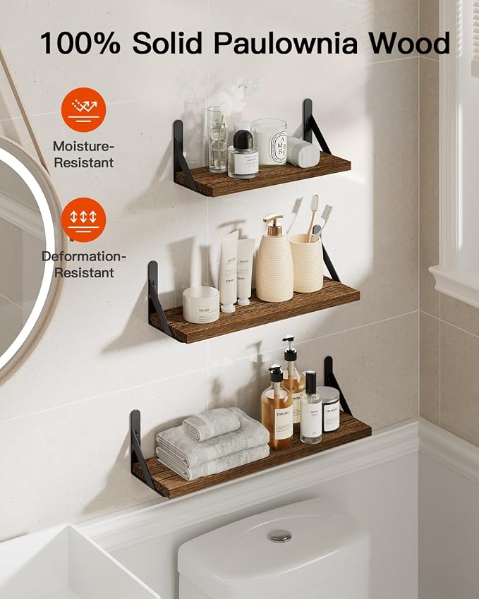 Amada Solid Paulownia Wood Wall Shelves, Medium Size, 6 Pcs, Brown - Image 6