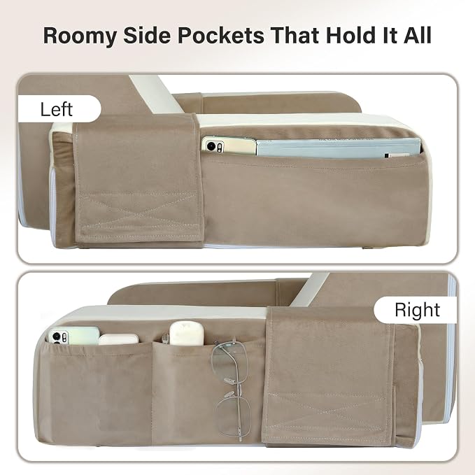 Vekkia 21" Reading Pillow for Bed with XL Side Pockets for Adult | 60° Wedge Back Support,Adjustable Arms,Washable Cover,Support for TV,Gaming,Working,Nursing,Recovery in Bed&Floor,Beige/Camel - Image 5