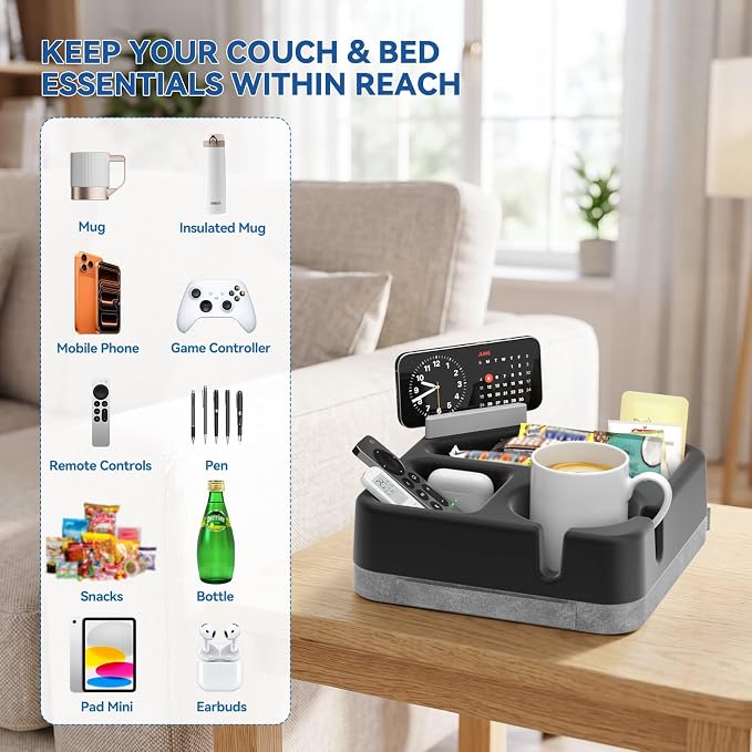 Couch Cup Holder Tray Couch Cup Holder Pillow Soft Sofa Caddy Drink Holder with 3 Compartments &Removable 360°Swivel Phone Stand, Portable Bed Snack Caddy Pillow with Handle for Tablet Controller Grey - Image 5