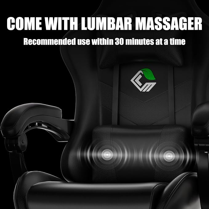Czlolo Gaming Chair with Footrest Racing Style Lumbar Support Massager Video Game Chair with Metal Legs, High Back Gamer Chair with Headrest, 360° Swivel Office Computer Desk Chair (Black) - Image 7