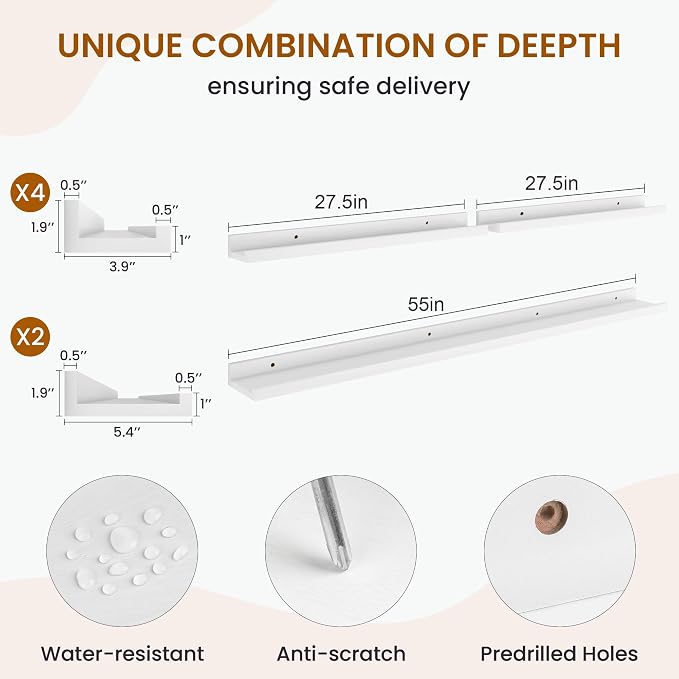 Picture Ledge Shelf, Floating Shelves for Wall Decor, White, Set of 6, 55'' - Image 3