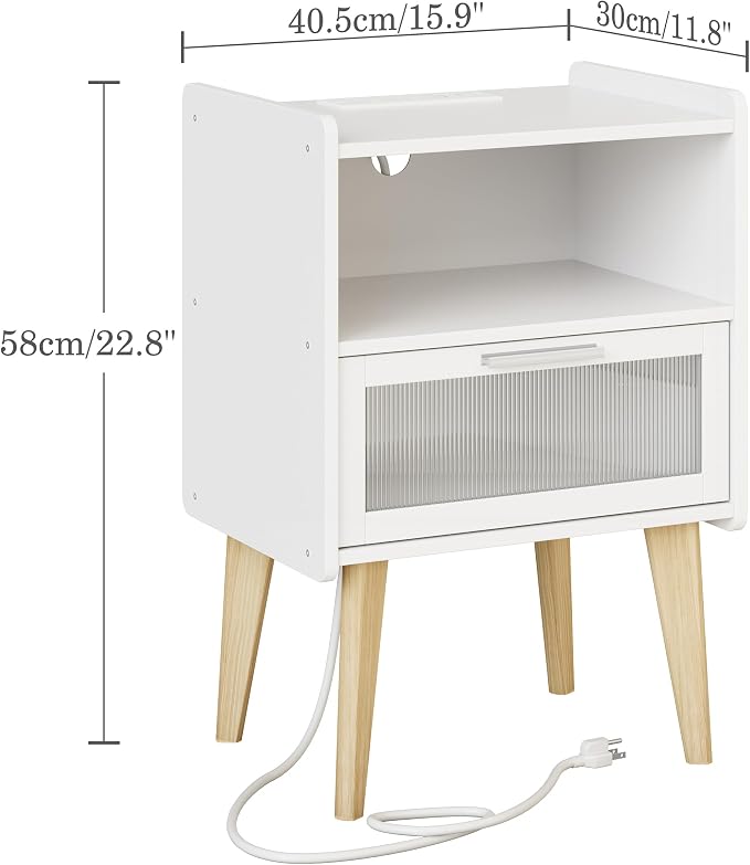 MMEOLUOOK Nightstand with Charging Station, Bedside Tables, End Table Side Table with 2 Tiers Storage Space, for Bedroom, Living Room, White MLBZ07WE-2 - Image 3