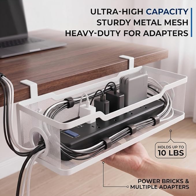 Under Desk Cable Management Tray, No Drill Cable Organizer for Desk, Metal Wire Management Basket with Clamp Mount, Cord Organizer Holder for Standing Desk, Home Office and Gaming Setup - Image 4